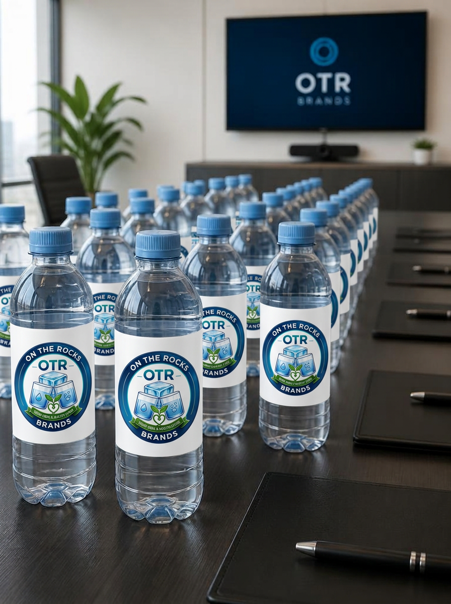 Conference table arranged with custom-branded OTR Brands water bottles
